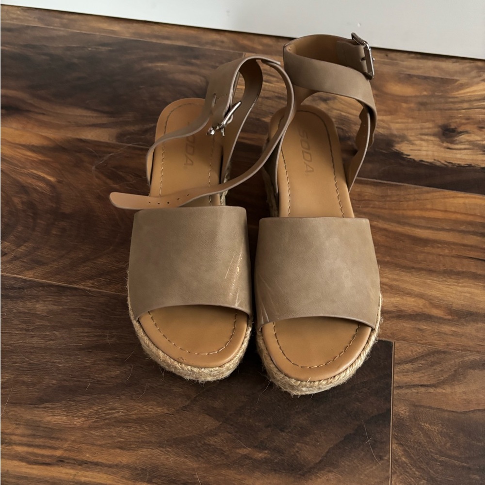 Soda Tan Sandals with Ankle Strap and Flat Sole